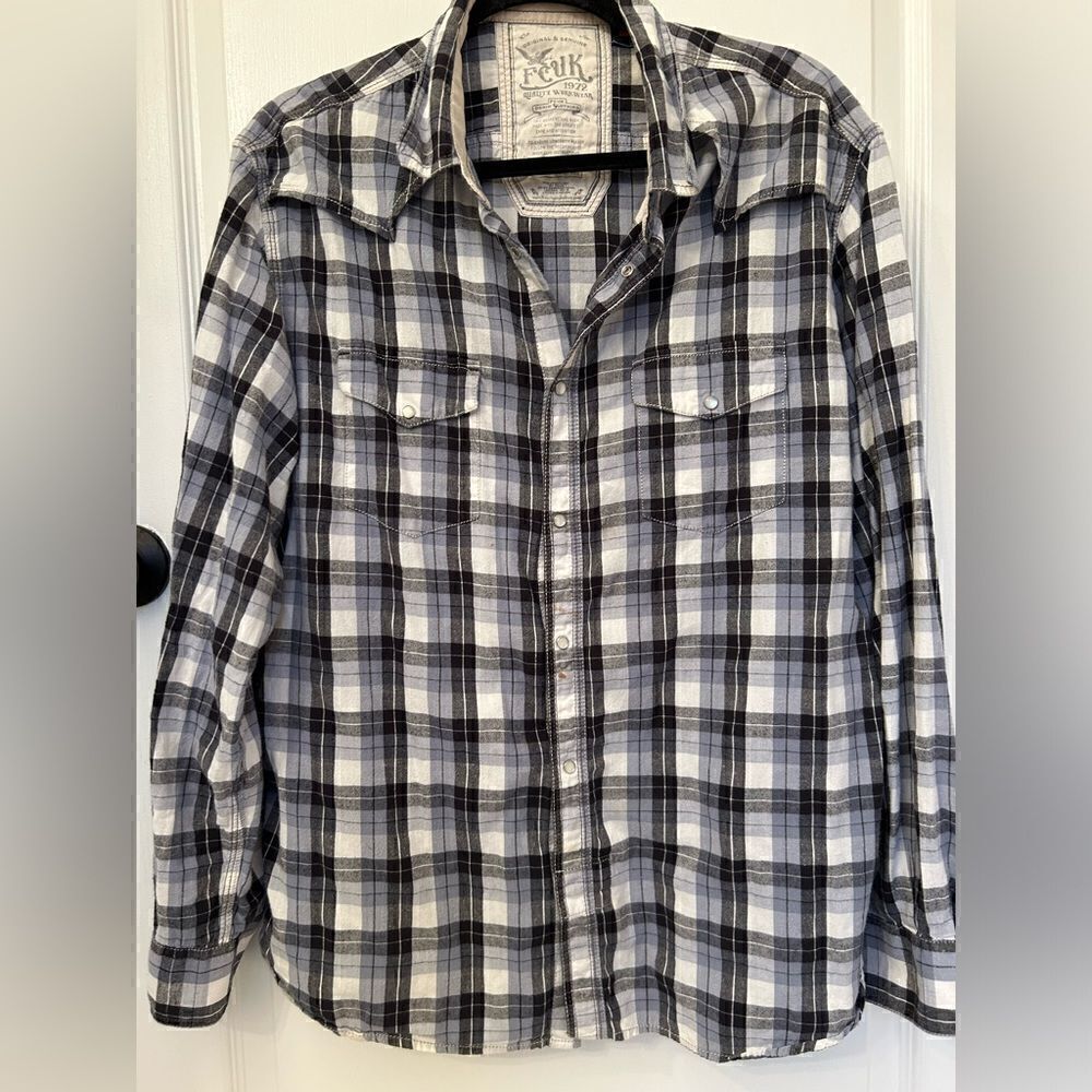 FCUK Denim Clothing Vintage Men’s Plaid Snap Shirt Size XL